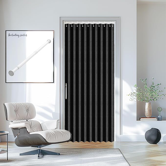 AJAZZ Set: Curtain Rods No Drilling (28-39" W Adjustable Range) & Accordion Door Curtain, Black 42W×78" L, Accordion Doors for Closet Doorway Room Divider