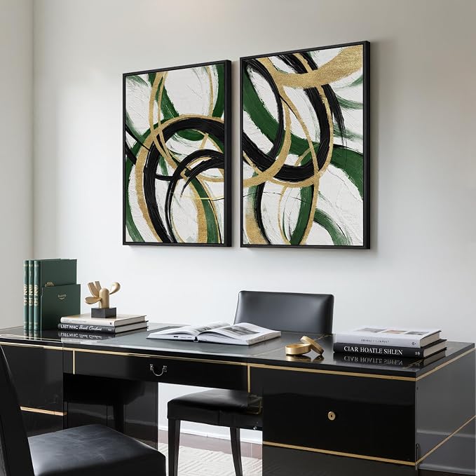 Framed Green Abstract Wall Art Set of 2 for Living Room, Large Green Gold and Black Canvas Artwork for Walls, Modern Luxury Painting Print for Bedroom Dining Room Office Hallway Wall Decor, 24x36 Inch