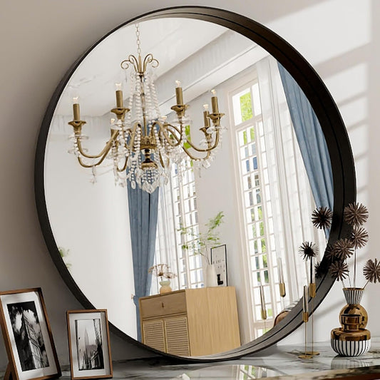 30 Inch Round Bathroom Mirror - Wall Mounted Circle Mirror with Metal Frame, Modern Mirror Suitable for Bathroom, Vanity, Entryway, Living Room, Wall Decor,Black