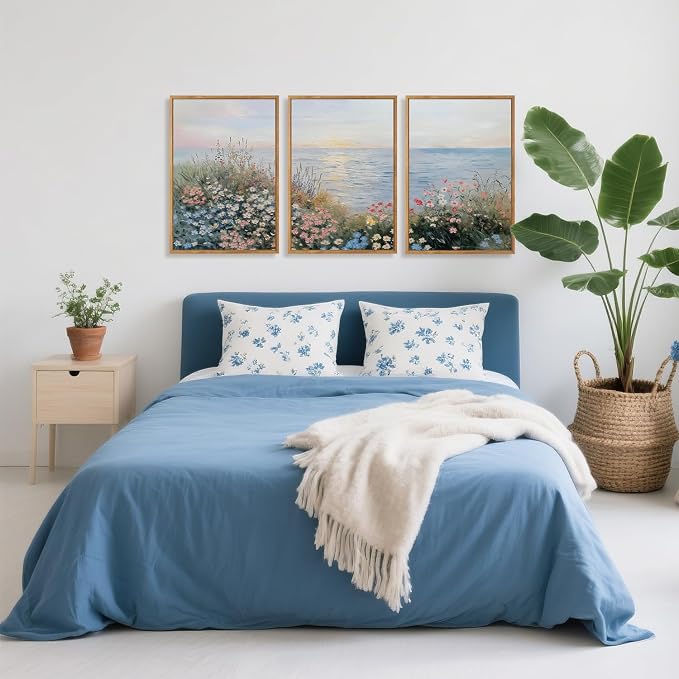 CHDITB Seaside Floral Framed Canvas Wall Art Set, Nature Inspired Ocean View Wall Decor, Sunrise Art Spiritual Wall Painting, Coastal Wildflowers Art Prints for Living Room, Office-Size 16"x24"x3