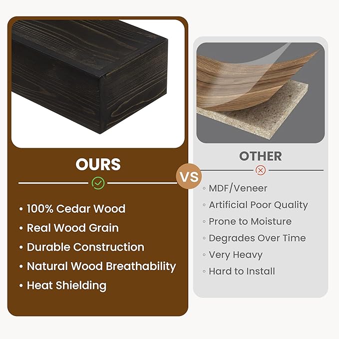Acovy Floating Fireplace Mantel Shelves, 48x8x5 Inches Natural Wooden Floating Shelf for Over Fireplace, Wall-Mounted Mantel Shelf for Living Room and Home Decor, Black