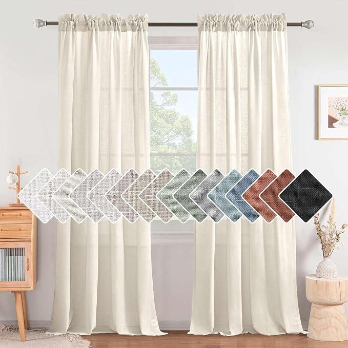 Linen Curtains Elegant Natural Linen Blended Curtains Energy Efficient Light Filtering / Rod Pocket Window Treatments Panels / Drapes for Livingroom (Set of 2, Ivory, 52 inch W X 84 inch L)