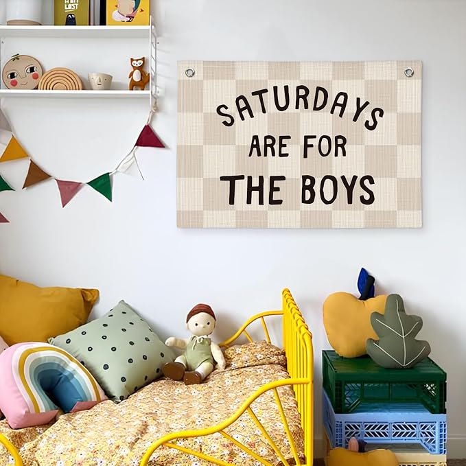 Boys Banner Flags for Bedroom, Linen Canvas Banner Wall Hanging Flag Decor for Boy Room Playroom Dorm