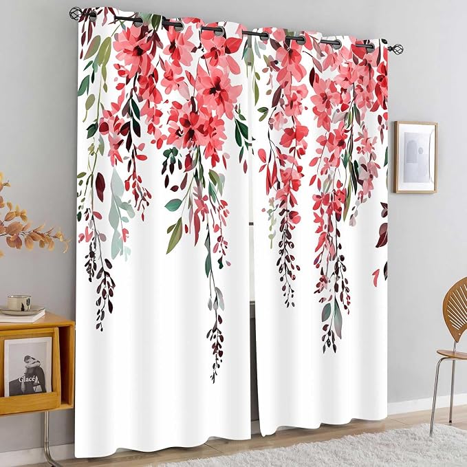 Red Watercolor Floral Curtains, Botanical Leaves Vine Flowers Curtain, Rustic Farmhouse Flower Leaf Blackout Window Treatment Drapes for Bedroom Living Room 52x90 inch, 2 Panels