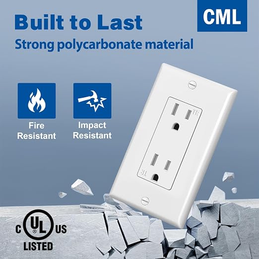CML 15 Amp Decorator Receptacle Outlet, 100 Pack Tamper Resistant Wall Outlets, Standard Electrical Outlets, 15A/125V, 2 Pole 3 Wire, Wallplate Included, UL Listed, White