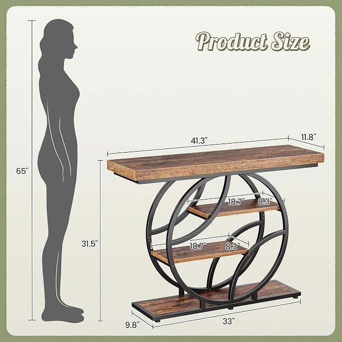 Huuger Modern Console Table, 41.3 Inch Sofa Table with Artistic Curved Metal Frame, Narrow Entryway Table for Hallway, Living Room, Behind Couch, Rustic Brown