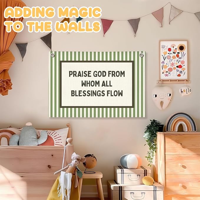 Christian Nursery Decor, Kids Room Decor Linen Canvas Banner,Green Bedroom Wall Hanging Decor for Kids Room Playroom Classroom Homeschool Art, 30x20 Inch