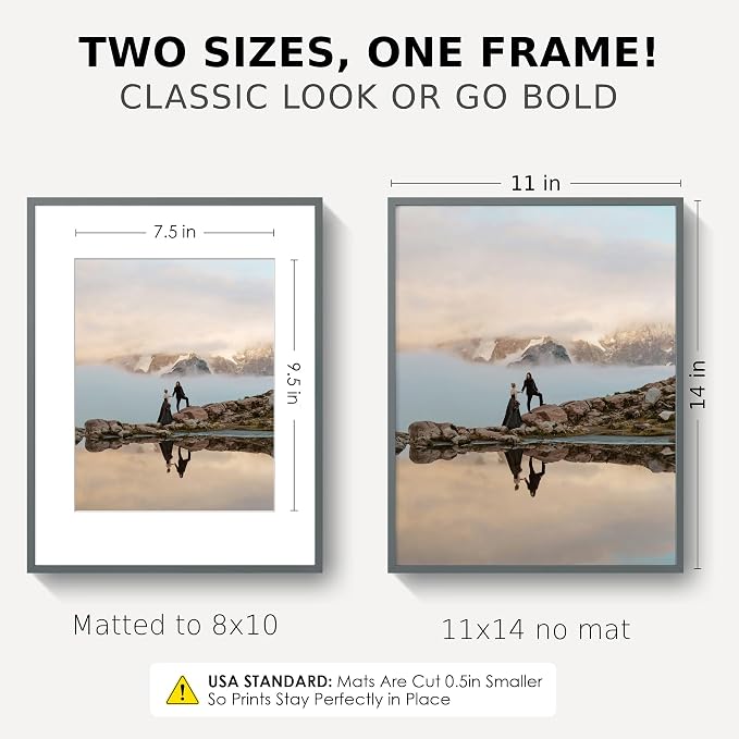 FLYJOE 11x14 Picture Frame for 8x10 Photo, Minimalist Aluminum Frame, Gray | Sleek Metal Frame for Wall, Desk & Gift | Shatterproof Glass & Hardware