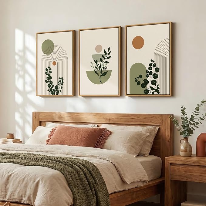 3 Piece Framed Abstract Boho Wall Art for Living Room, Large Sage Green Botanical Plant Canvas Artwork for Walls, Minimalist Geometric Prints Paintings for Bedroom Dining Room Hallway 16x24 Inch