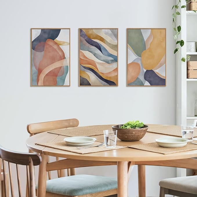 LHIUEM Large Abstract Neutral Framed Canvas Wall Art Set,Colorful Watercolor Block Wall Decor,Boho Geometric Illustrations Artwork for Living Room,Bedroom,Dining Room,Office - 24"x36"x3