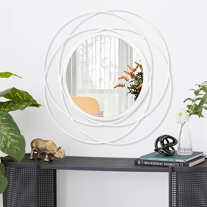 White Art Circle Mirror for Wall with Iron Metal Wire Frame Wall-Mounted Mirror for Home Decor Living Room Bedroom Bathroom Entryway Small 20” x 20”