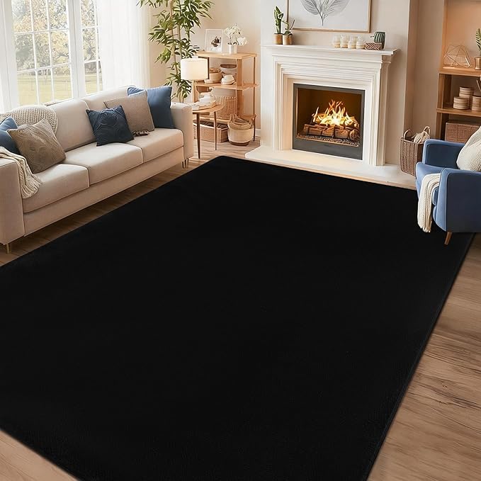 qulint Black Area Rugs for Living Room 6x9, Washable Thickened Memory-Foam Indoor Rug for Bedroom, Minimalist Modern Carpet Non Slip Comfy Alfombras for Student Classroom Dorm Office Home Decor