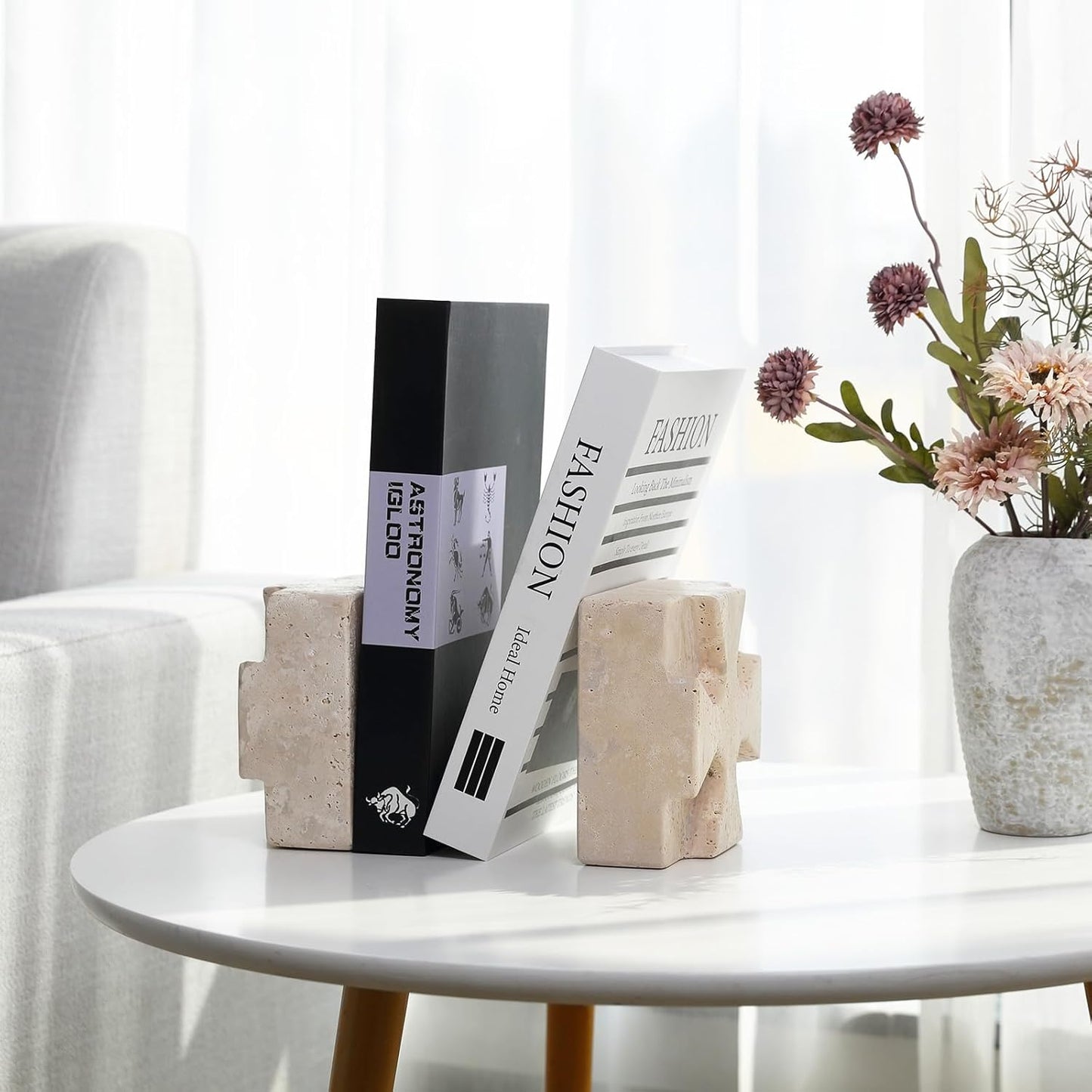 Natural Marble Bookends for Heavy Books, Heavy Duty Square Decorative Stone Book Ends for Shelves, Aesthetic Travertine Book Holder, Modern Office Bookshelf Stopper Decor, Beige, Set of 2