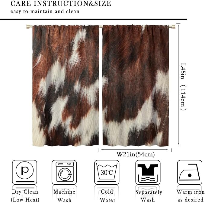 Cow Blackout Curtain,Animal Print Brown Cowhide Western Rustic Farm Farmhouse Window Treatments Rod Pocket Curtain for Bedroom Living Room Kitchen Decor Drapes 42x45in