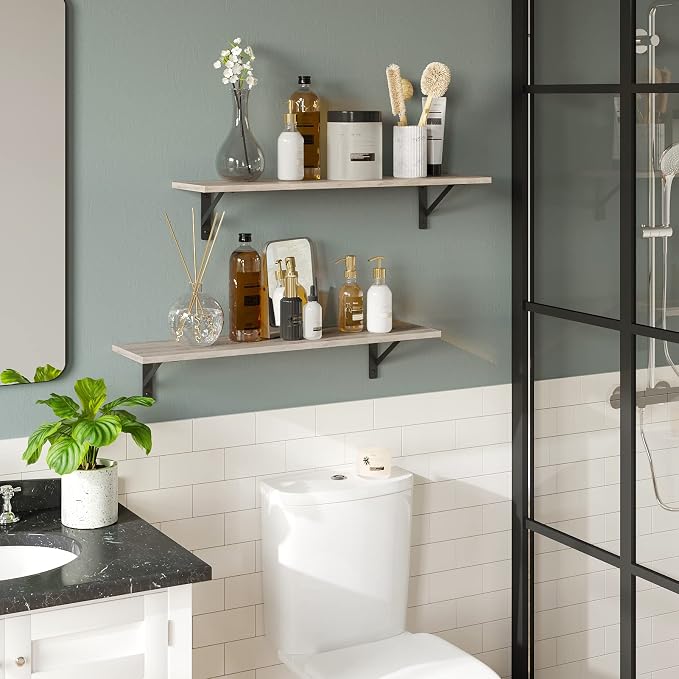 DINZI LVJ Wall Shelves, 23.6 x 7.9 x 6.1 Inch Floating Shelves for Wall, Set of 2, Easy-to-Install Wall Storage Ledges with Sturdy Metal Brackets for Living Room, Bathroom, Kitchen, Greige