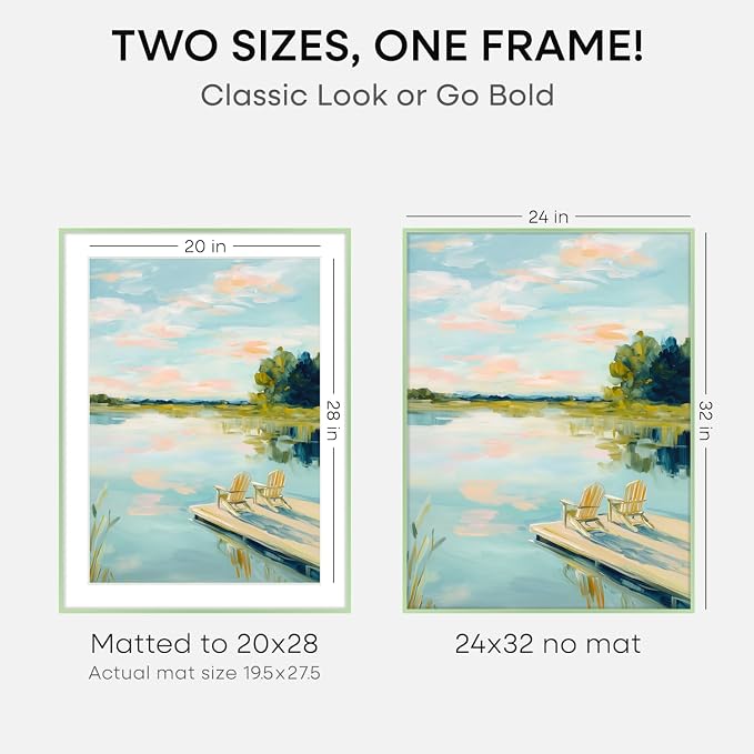 Homeforia 24x32 Sage Green Picture Frame, High End Metal 24x32 Poster Frames with Mat 20x28 inch Photo, 24 x 32 Thin Frame Matted to 20 x 28 Art, 32x24 Large Frames, Tempered Glass, Wall Kit, Set of 2