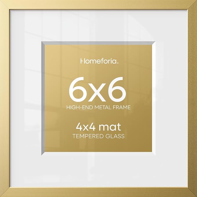 Homeforia 6x6 Picture Frame Gold, High End Metal 6 x 6 Square Photo Frames with Mat 4 by 4, 6x6 Poster Frame Matted to 4x4 inches Print, 6by6 Wall or Tabletop Frame, Tempered Glass, Wall Kit, Set of 3