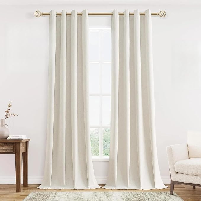 Jowels Cream Linen Blackout Curtains 108 Length 2 Panels Set for Living Room Bedroom, 100% Black Out Thermal Insulated Linen Drapes, Room Darkening Grommet Curtains 108 Inches Long Natural Beige