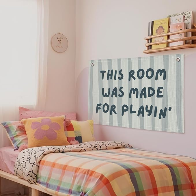 Playroom Decor Wall Banner "This Room Was Made For Playin'" 20x30 Inch - Nursery Canvas Art, Kids Bedroom Hanging, Linen Toddler Play Area Sign, Children's Canvas Flag Decor - Blue