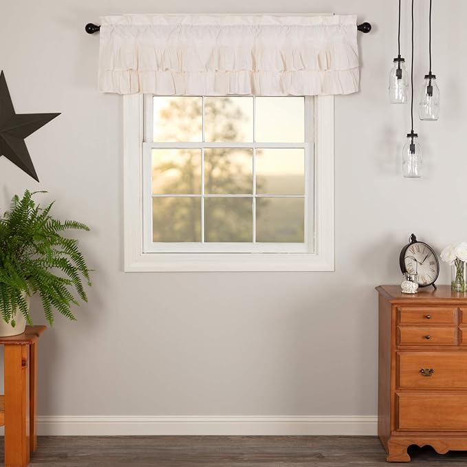 VHC Brands Simple Life Flax Solid Color Cotton Linen Blend Farmhouse Kitchen Curtains Rod Pocket Hanging Loops 16x60 Valance, Antique White Light Creme
