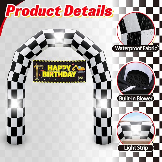 8FT Black and White Checkered Outdoor Race Car Inflatable Arch | Blow Up Racing Party Decoration with 3 Banners Built-in 3 LED Lights for Race Car Themed Birthday Party Lawn Yard Decor