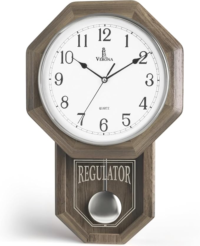 Pendulum Wall Clock - Real Wood Regulator Clock - Rustic, Farmhouse Schoolhouse Design - Quiet, Non-Chiming, Wooden & Battery Operated - Decorative Grey Ash Decor for Living Room, Home, Office 18x11