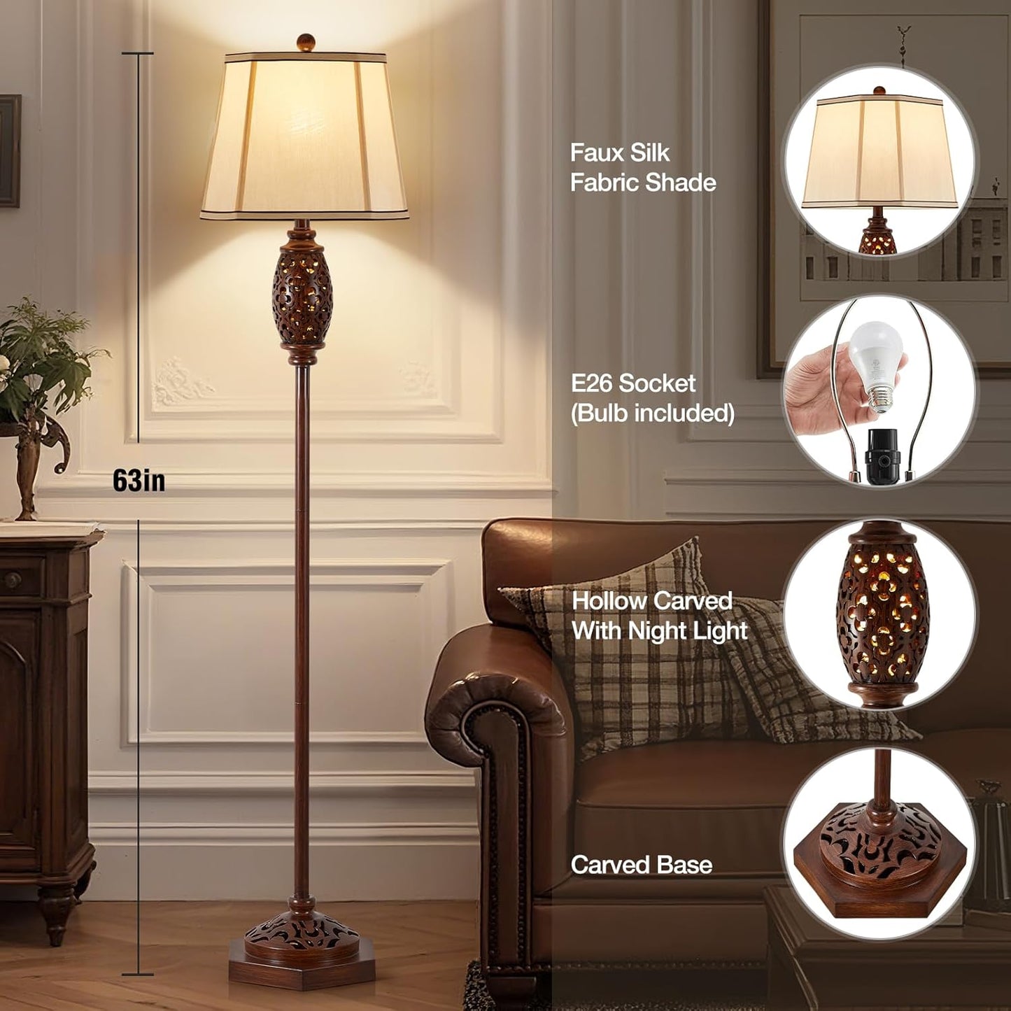 Luvkczc Vintage Floor Lamp - Brown Carved Resin with Hollow Light Design, Rustic Standing Lamp for Living Room, Bedroom, Study(Bulb Included)