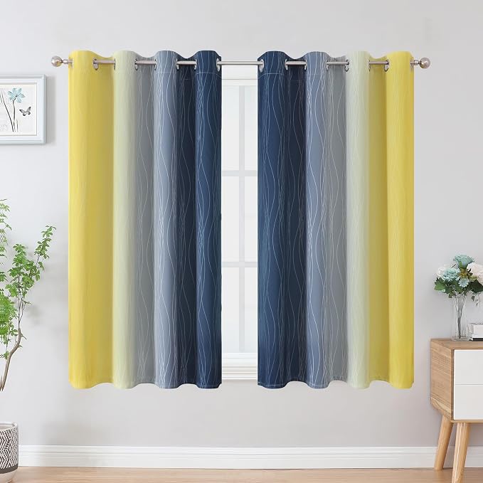 Estelar Textiler Navy Blue and Yellow Blackout Curtains 45 Inch Length, Full Light Blocking Gradient Drapes for Bedroom, Thermal Insulated Grommet Ombre Curtains for Bathroom,52Wx45L,2 Panels