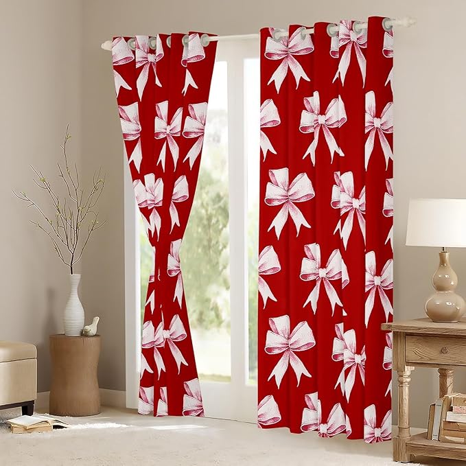 Erosebridal Pink Bow Kids Curtain Watercolor Lovely Girls Bows Window Curtain 52" Wx63 L Cute Bowknot Window Treatments Kawaii Bow Tie Red 30%-50% Blackout Curtains for Bedroom