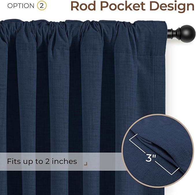 INOVADAY 100% Blackout Curtains 90 Inches Length 2 Panels Set, Back Tab/Rod Pocket Linen Black Out Curtains for Bedroom, Thermal Insulated Window Drapes - Midnight Blue, W50 X L90
