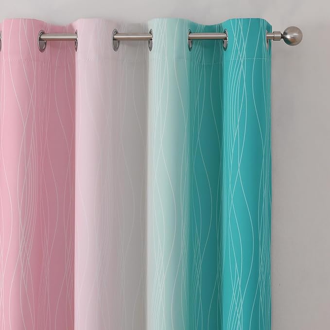 Estelar Textiler Pink and Teal Blackout Curtains 45 Inch Length, Full Light Blocking Gradient Drapes for Bedroom, Thermal Insulated Grommet Ombre Curtains for Bathroom, 52Wx45L, 2 Panels