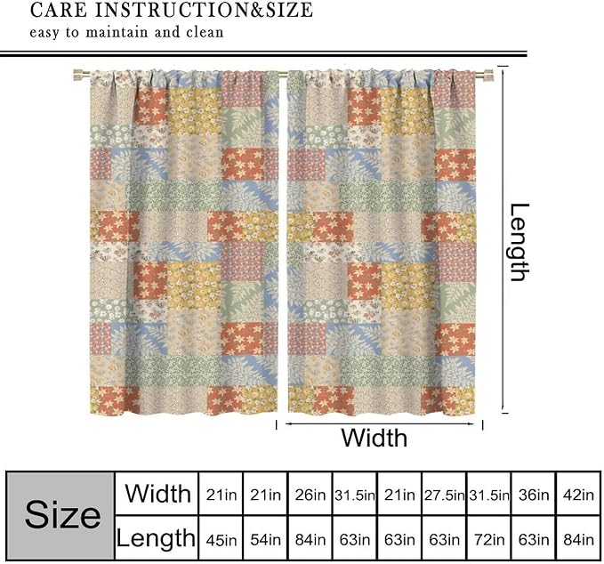 Boho Patchwork Floral Blackout Curtains Pieced Patchwork Plaid Design Farmhouse Yellow Print Window Drapes for Bedroom Living Room Kitchen Cafe （W21xL45 Inch） x2 Panels