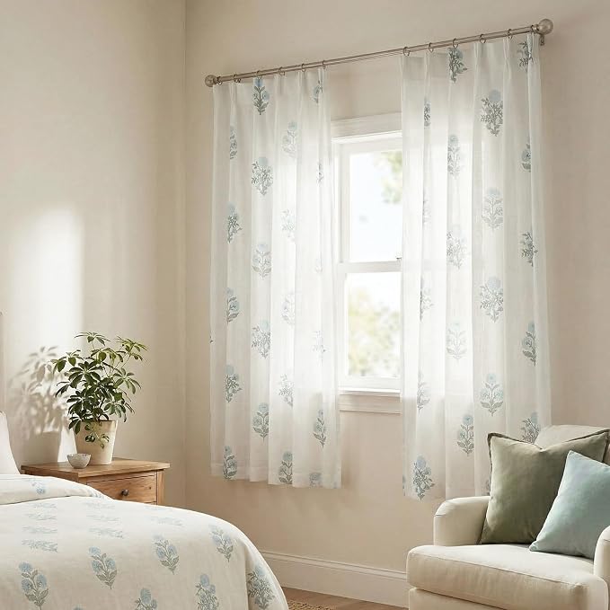Floral Curtains 63 Inch Length for Living Room Bedroom, Blue Green White Pattern Linen Semi Sheer Light Filtering Pinch Pleated Drapes 63 Inches Long 2 Panels Set