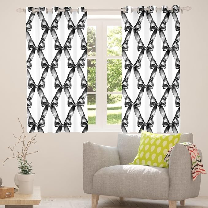 Erosebridal Bowknot Kids Window Curtain Ribbon Bow 52" Wx84 L Curtain for Girls Boys,Black White Bow Knot Window Treatments Geometric Patchwork Modern Butterfly Knot Curtains & Drapes