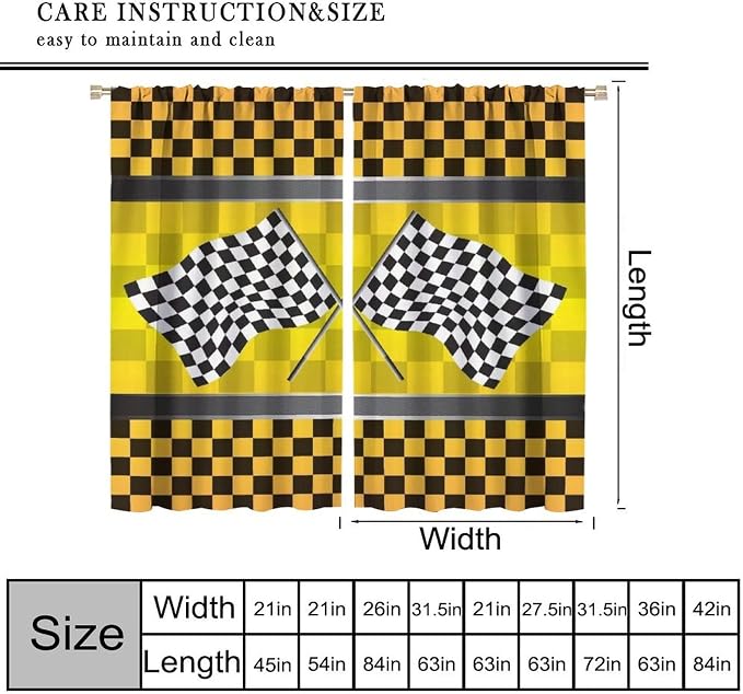Race Car Blackout Curtain,Kid Boys Checkered Flag Motorsport Yellow Black Grid Print Window for Cafe Dining Room Office Living Room Kitchen Bedroom Drapes, 63x72 in