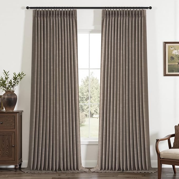 Topfinel 100% Blackout Pinch Pleated Curtains for Track System, Dark Flax Thick Blend Linen Bedroom Curtains, Decorative Elegant Lined Nursery Drapes 2 Panels Cozy Rustic Boho Style Dark Brown