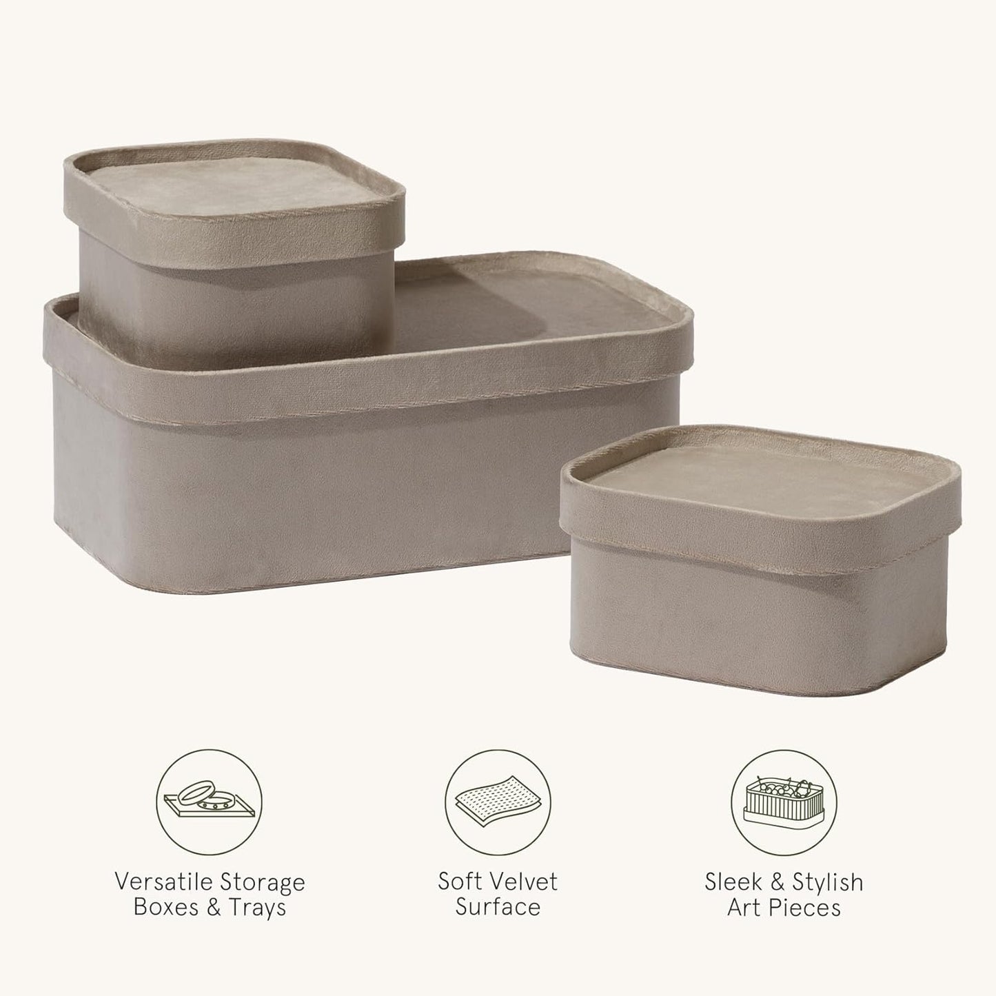 La Jolie Maison Velvet Storage Baskets with Lids, Sturdy Stackable Cardboard Boxes with Decorative Trays, Organizer Bins for Bathroom Bedroom Organizing, Taupe, Set of 3