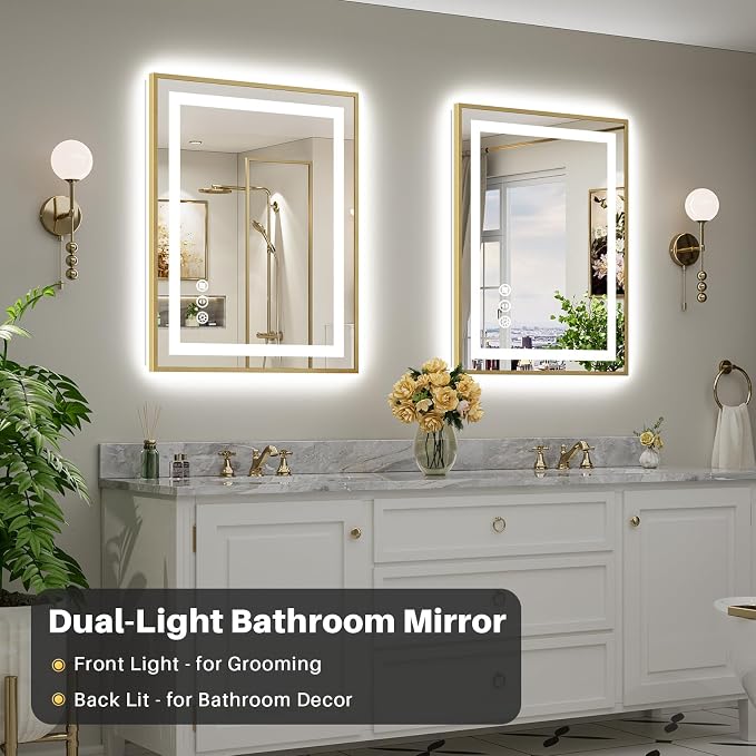 28x36 Inch LED Bathroom Mirror with Gold Frame, Backlit & Front Lit, Anti-Fog Lighted Bathroom Vanity Mirror for Wall, Memory Function, Dimmable, HD Tempered Glass, Shatter-Proof