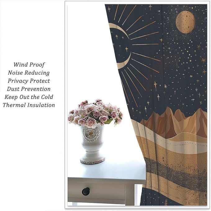 Sun Moon Blackout Curtains, Abstract Mid Century Desert Mountains Sun Moon Boho Landscape Window Drapes, for Bedroom Living Room 42" W X 63" L