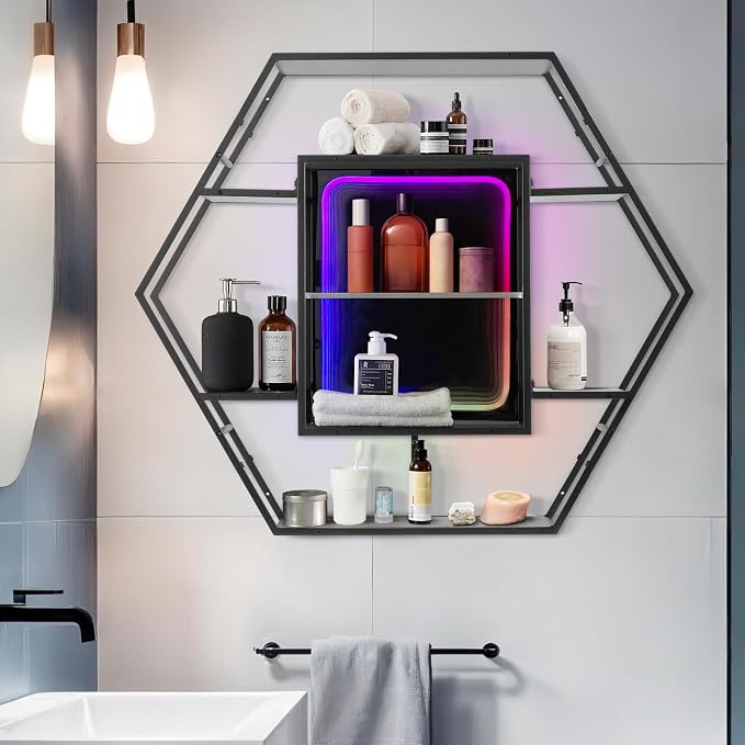 FUSLITE Infinity Mirror Gaming Floating Shelves with LED Lights, Hexagon Wall Mounted LED Shelf with RGB App Control, 36.6" Large Display Rack for Gaming Room Decor, Action Figures, Collectibles
