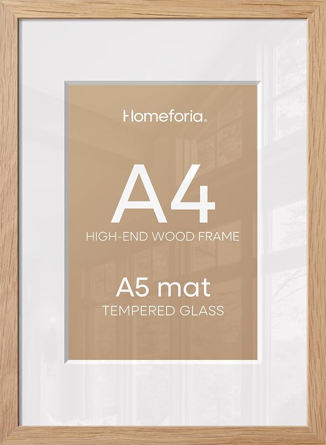 Homeforia A4 Picture Frame Wood, High-End Natural Oak 8.3 x 11.7 Wooden Poster Frames Matted to 5.8 by 8.3 inch Photo, A4 Size Light Wooden Frames with Mat A5 Print, Tempered Glass, Wall Kit, Set of 4