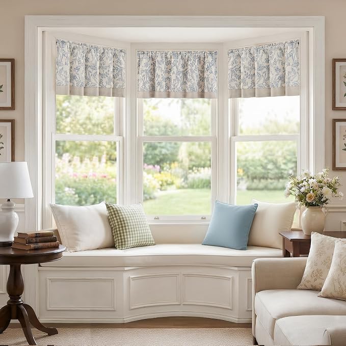 jinchan Linen Valance Curtain Farmhouse Floral Printed Small Window Curtain for Kitchen Rustic Country Light Filtering Valance for Living Room Bedroom Bathroom 18 Inch Rod Pocket 1 Panel Blue on Beige