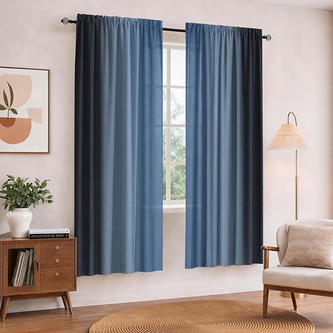 Navy Blue and Black Curtains for Living Room 63 Inch Length Ombre Curtains 2 Panel Bedroom Black and Blue Curtains Rod Pocket Light Filtering Window Curtain Modern Gradient Drapes