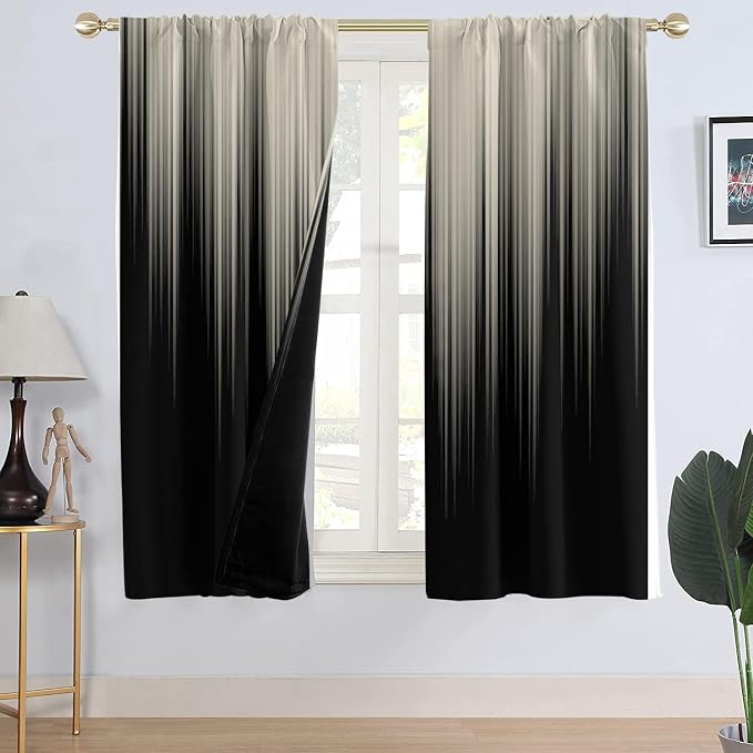 AAtter 100% Blackout Black Beige Window Curtains, Rod Pocket 42" W x 63" L | Dark Grey Ombre, Thermal Insulated Drapes, Modern Gothic Striped, Abstract Anime Style, 2 Panels Cool Bedroom Decor for Men