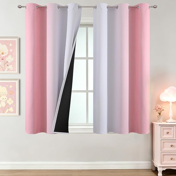 Estelar Textiler Pink and Greyish White Ombre Blackout Curtains 54 Inch Long for Kids Bedroom, Room Darkening Thermal Insulated Grommet Gradient Window Drapes for Living Room/Nursery, 42Wx54L,2 Panels
