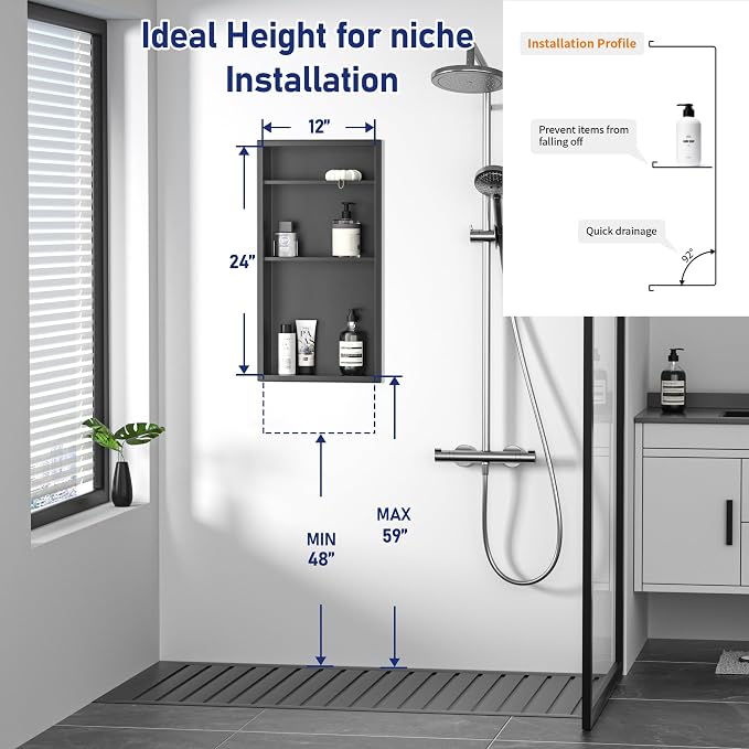 Stainless Steel Shower Niche 24" X 12" Matte Black No Tile Needed Vertical Niche Shower with Three-Tier Shelves Recessed Wall Niches for Bathroom Storage Over Mount Installation