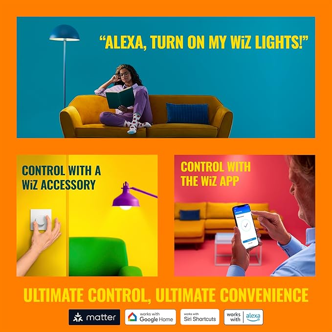 WiZ Connectd Clear 40W BA11 Tunable White Filament LED Smart Bulb - Pack of 6 - E12 - Indoor - Connects to Wi-Fi - Control with Voice or App - Matter Compatible