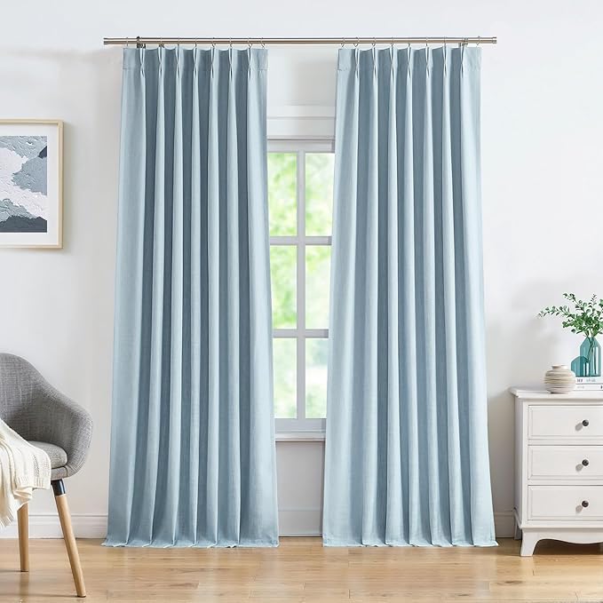 Central Park Dusty Blue Pinch Pleat Full Blackout Curtain Panel 120 Inches Long Thermal Insulated Drapery with Blackout Liner for Farmhouse Bedroom Window Treatment Sets with Hooks, 40"x120"x2