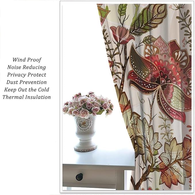 Bohemian-Themed Curtains, Indian Mandala-Inspired Green Plant Window Treatments, Blackout Curtains for Bedrooms, Living Rooms and Kitchens42X45 Inch