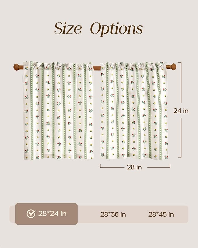 Miss Adola Farmhouse Kitchen Tier Curtains - 24 Inch Length Linen Blend Floral Cafe Curtains Green Stripe Small Window Treatment Over Sink Rod Pocket for Bathroom Living Room Light Filtering, 2 Panels
